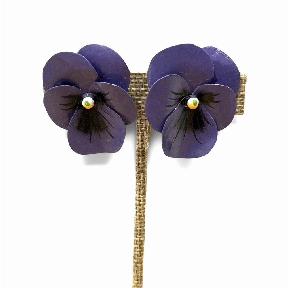 Purple Pansy Metal Layered Petal Clip On Earrings Hand Painted Vintage 1950s